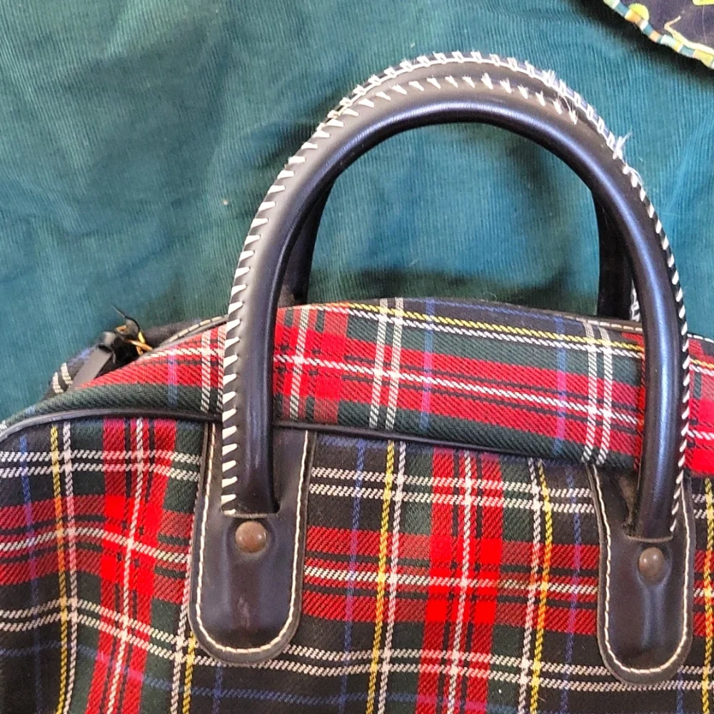 Vintage 60's Red & Black Plaid Structured Luggage Travel Bag Groovy